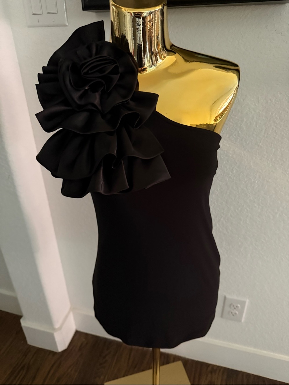 Black One Shoulder Floral Rosette Top Pullover Blouse